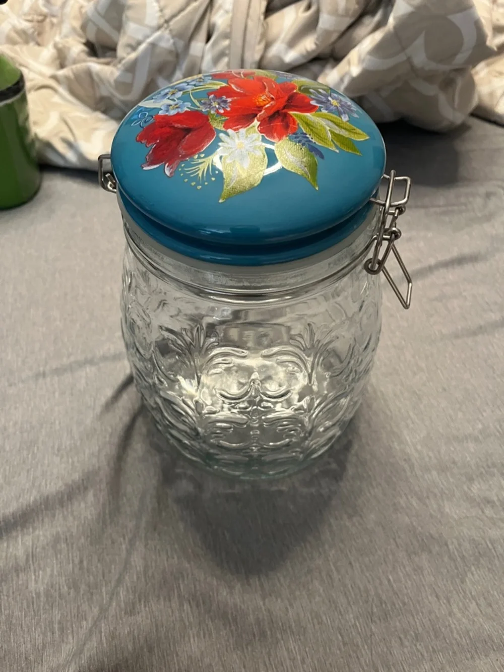 Pioneer Woman Hand-Painted Floral Glass Storage Jar with Blue Lid